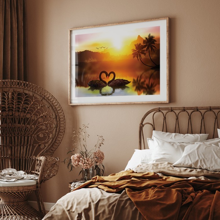 Αφίσα Poster Ερωτευμένοι κύκνοι στο ηλιοβασίλεμα για την κρεβατοκάμαρα