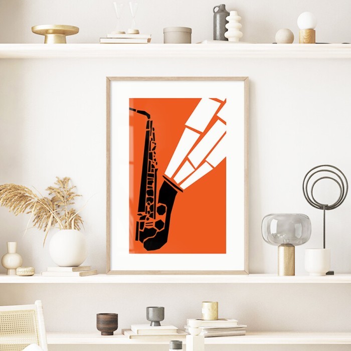 Αφίσα Poster Retro Jazz Saxophone σε λευκό φόντο με κορνίζα
