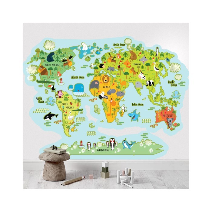Αυτοκόλλητα τοίχου Παγκόσμιος χάρτης με ζωάκια