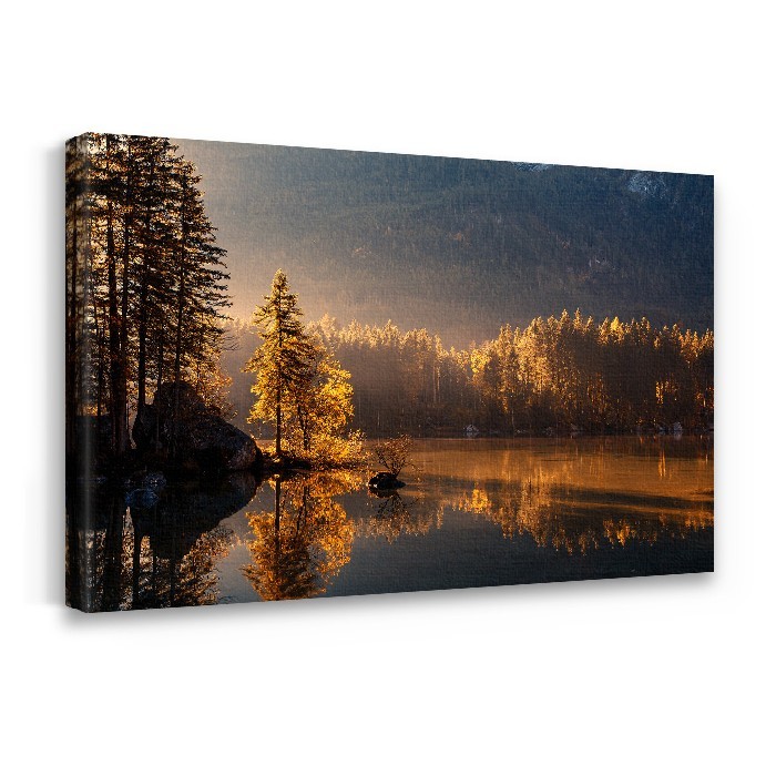 Πίνακας σε καμβά με τελάρο με Ηλιοβασίλεμα στη λίμνη