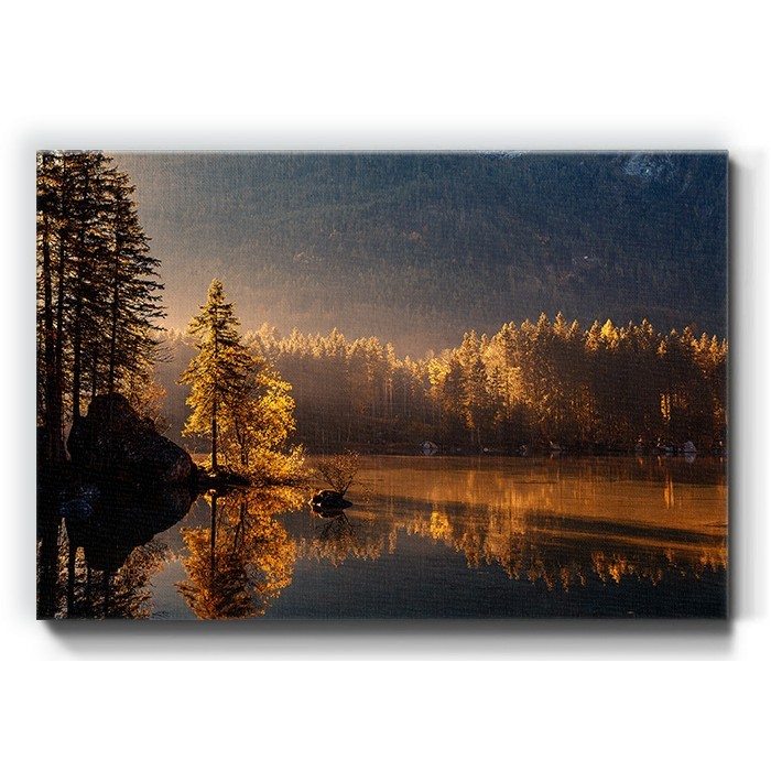 Πίνακας σε καμβά με Ηλιοβασίλεμα στη λίμνη