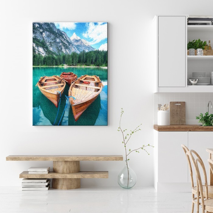 Πίνακας σε καμβά με κορνίζα με Βάρκες στη λίμνη