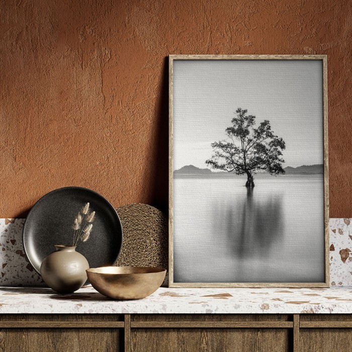 Πίνακας σε καμβά με κορνίζα με Δέντρο στην λίμνη