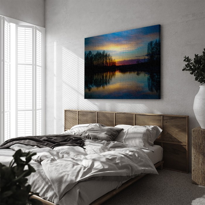 Πίνακας σε καμβά για το σαλόνι με Ηλιοβασίλεμα στην λίμνη
