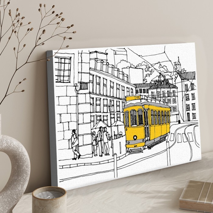 Πίνακας σε καμβά για το σαλόνι – Κίτρινο τράμ στην πόλη