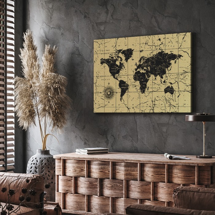 Vintage Παγκόσμιος Χάρτης σε Πίνακα σε καμβά για το σαλόνι