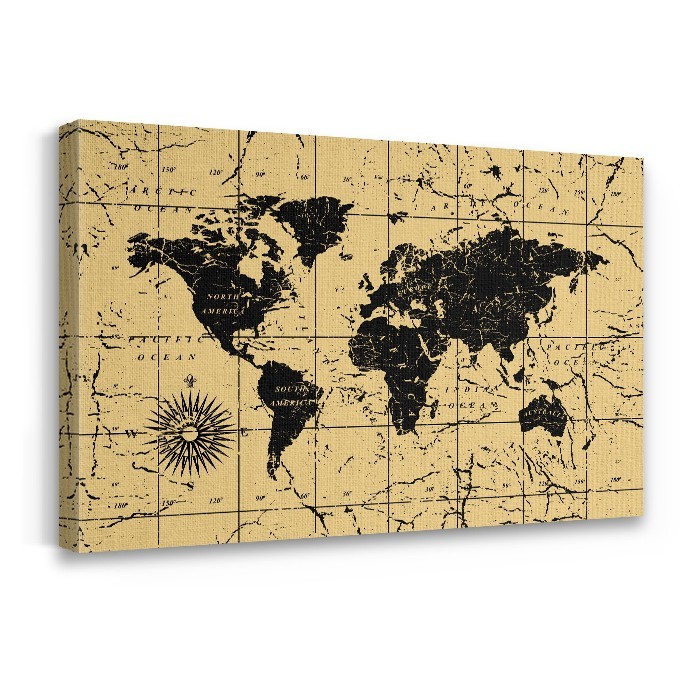 Vintage Παγκόσμιος Χάρτης σε Πίνακα σε καμβά με τελάρο