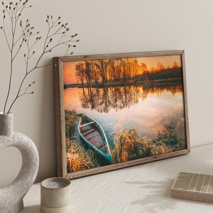 Πίνακας σε καμβά με κορνίζα – Ηλιοβασίλεμα στη λίμνη