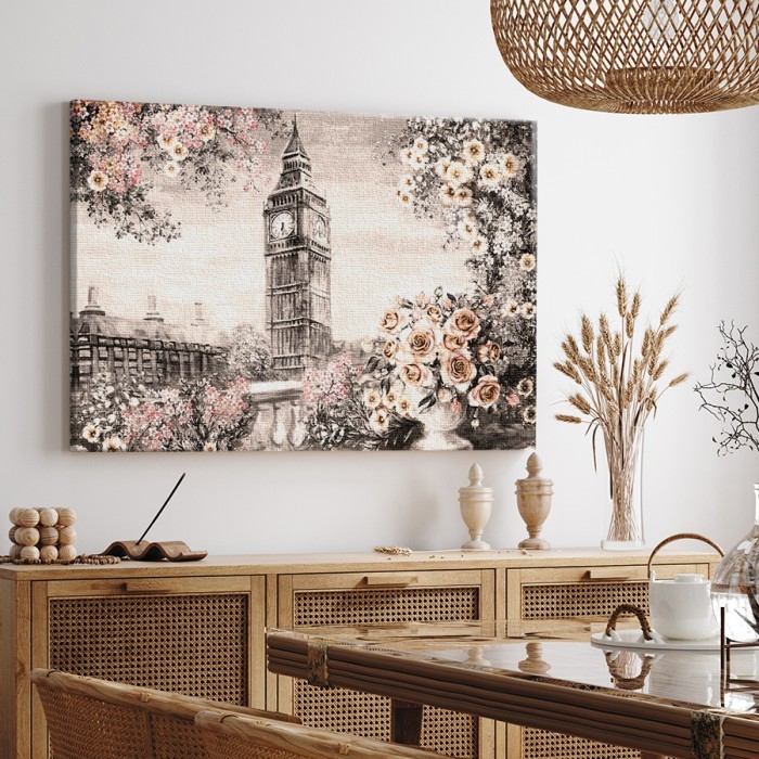 Πίνακας σε καμβά για το σαλόνι – Big Ben και λουλούδια