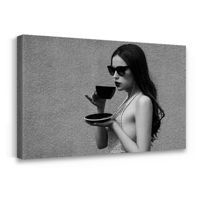 Πίνακας σε καμβά με τελάρο – Στυλάτη κοπέλα πίνει καφέ