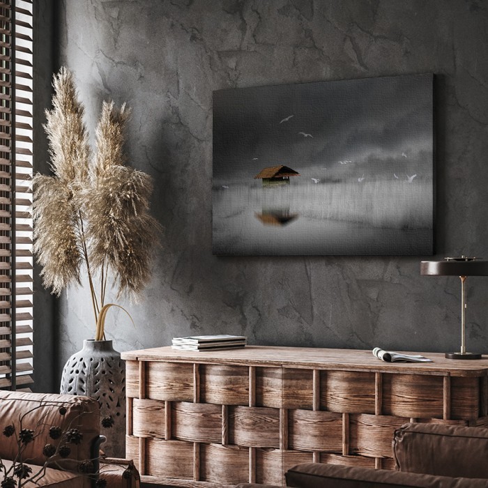 Πίνακας σε καμβά για το σαλόνι – Ξύλινη καλύβα στη λίμνη