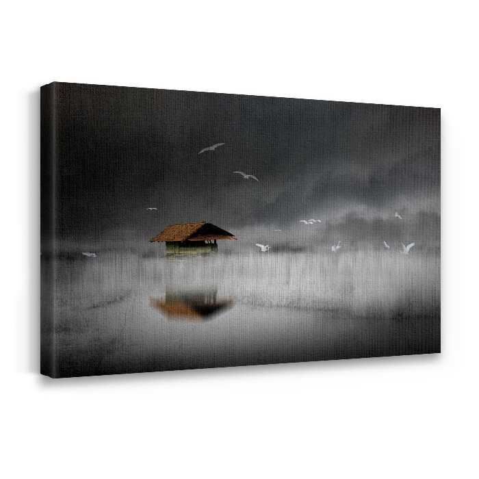 Πίνακας σε καμβά με τελάρο – Ξύλινη καλύβα στη λίμνη