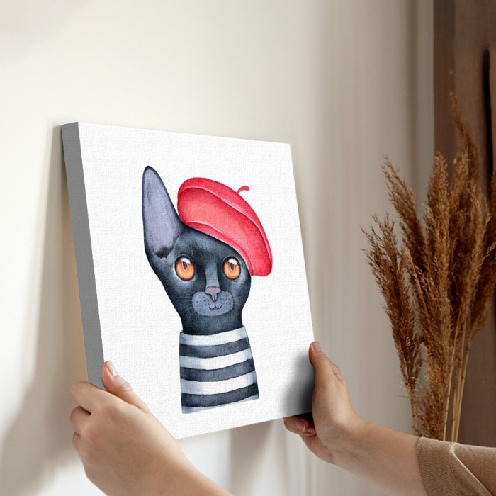 Γατάκι με κόκκινο καπέλο σε Πίνακα σε καμβά για την διακόσμηση τοίχου
