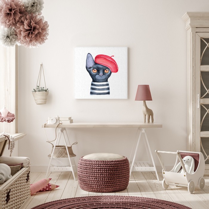 Γατάκι με κόκκινο καπέλο σε Πίνακα σε καμβά για το σαλόνι