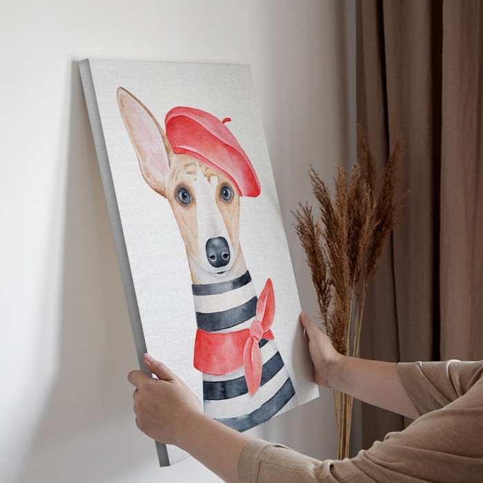Σκύλος με κόκκινο μπερέ σε Πίνακα σε καμβά για την διακόσμηση τοίχου