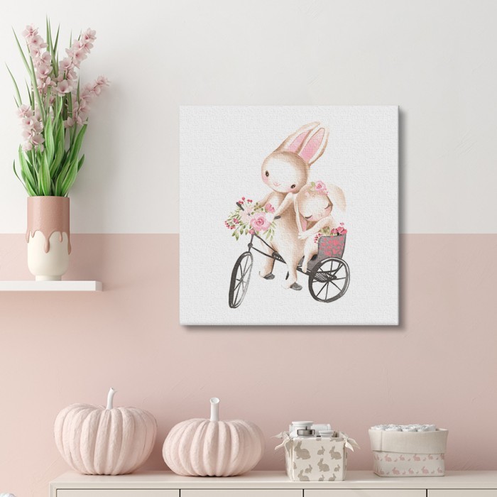 Πίνακας σε καμβά για το σαλόνι με Κουνελάκια σε ποδήλατο