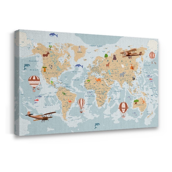 Παιδικός παγκόσμιος χάρτης σε Πίνακα σε καμβά με τελάρο