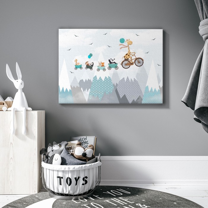Πίνακας σε καμβά για το σαλόνι με Ζωάκια σε ιπτάμενο ποδήλατο