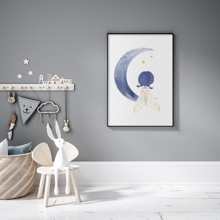 Πίνακας σε καμβά με κορνίζα με Νεράιδα στο φεγγάρι