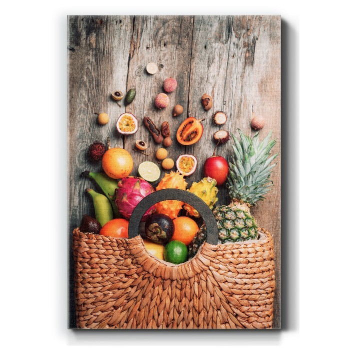 Πίνακας σε καμβά και Φρούτα σε ψάθινη τσάντα