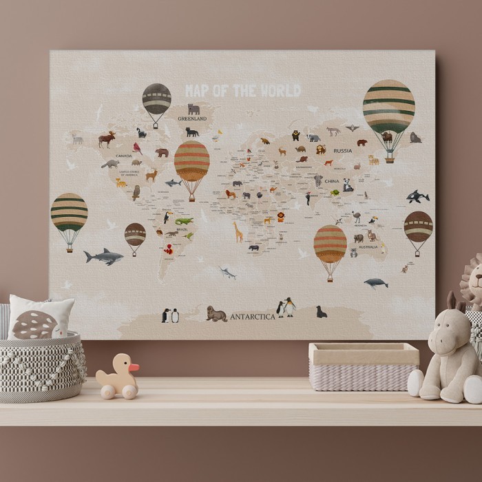 Πίνακας σε καμβά για το παιδικό δωμάτιο Παγκόσμιος χάρτης ζώων