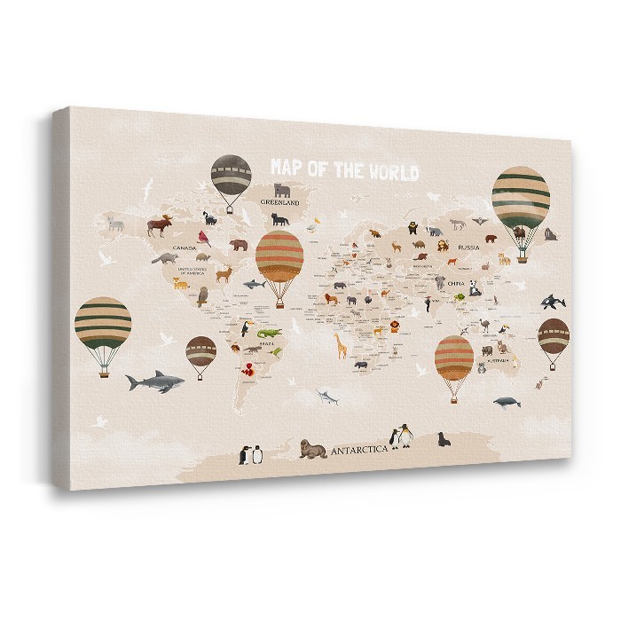 Πίνακας σε καμβά με τελάρο Παγκόσμιος χάρτης ζώων