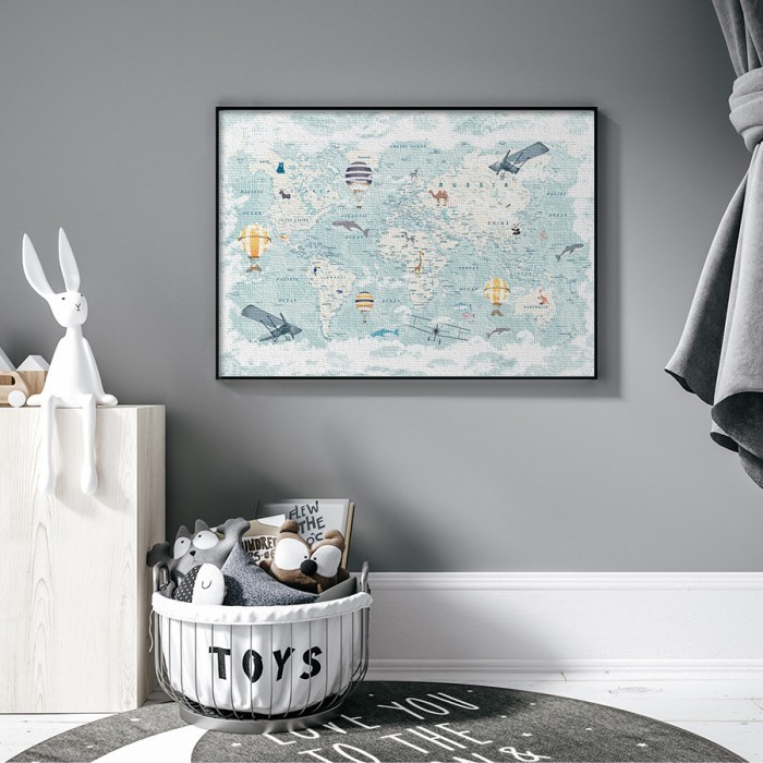 Πίνακας σε καμβά με κορνίζα Παιδικός παγκόσμιος χάρτης