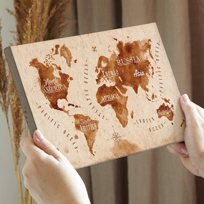 Καφέ παγκόσμιος χάρτης σε Πίνακα σε καμβά για την διακόσμηση τοίχου