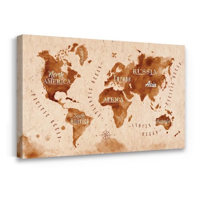 Καφέ παγκόσμιος χάρτης σε Πίνακα σε καμβά με τελάρο