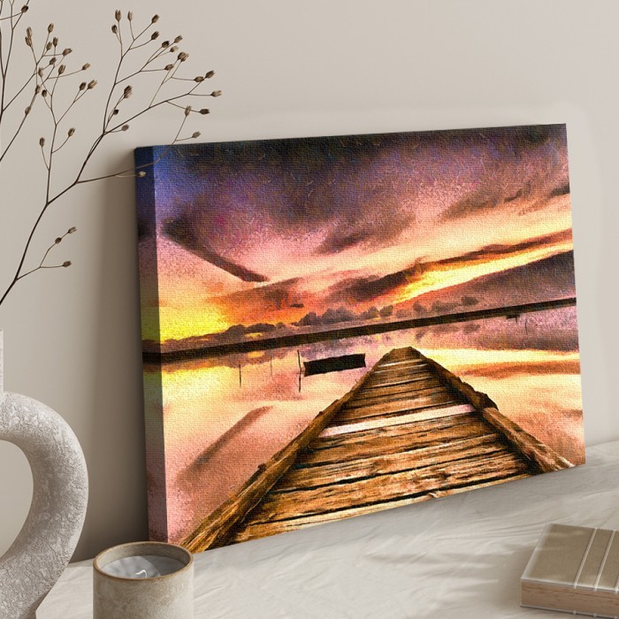 Πίνακας σε καμβά με κορνίζα με Ηλιοβασίλεμα στην λιμνοθάλασσα