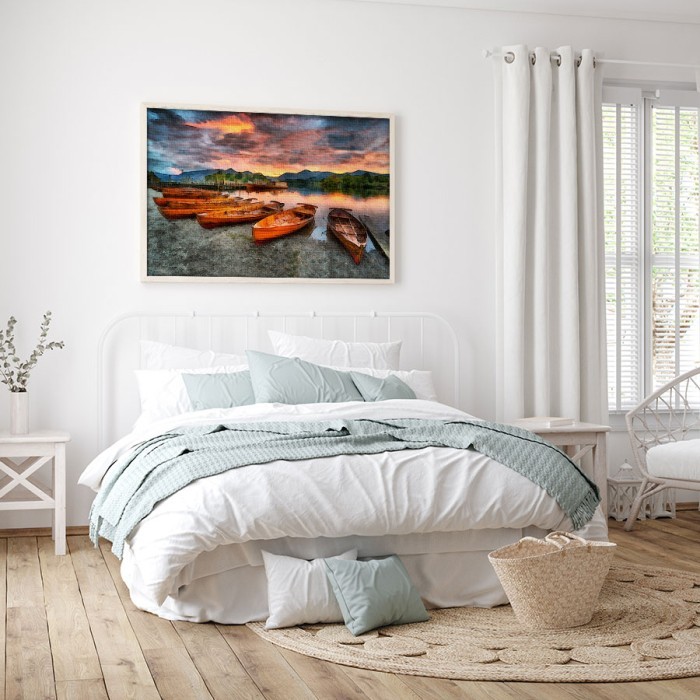 Πίνακας σε καμβά για το δωμάτιο με Βάρκες αραγμένες στην λίμνη