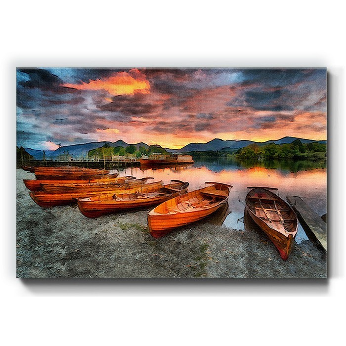Πίνακας σε καμβά με Βάρκες αραγμένες στην λίμνη