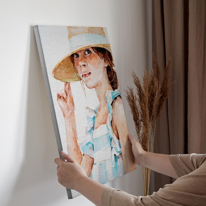 Πίνακας σε καμβά για την διακόσμηση τοίχου και Κορίτσι με ψάθινο καπέλο