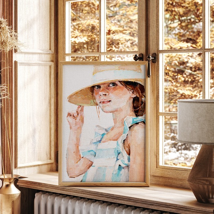 Πίνακας σε καμβά με κορνίζα και Κορίτσι με ψάθινο καπέλο