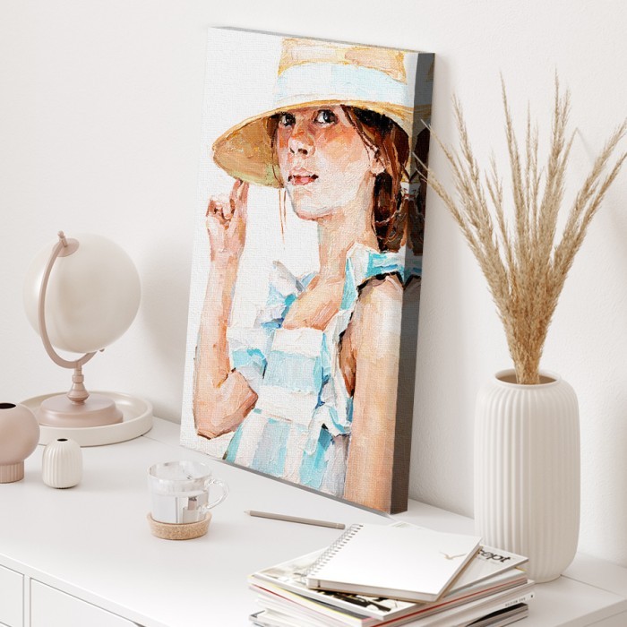 Πίνακας σε καμβά για το σαλόνι και Κορίτσι με ψάθινο καπέλο 