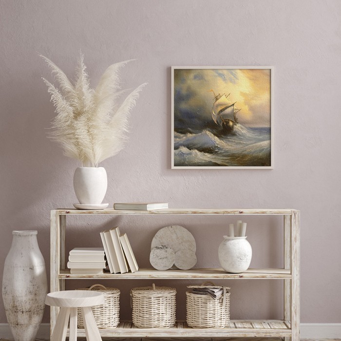 Πίνακας σε καμβά με κορνίζα με Καράβι σε θυελλώδη θάλασσα
