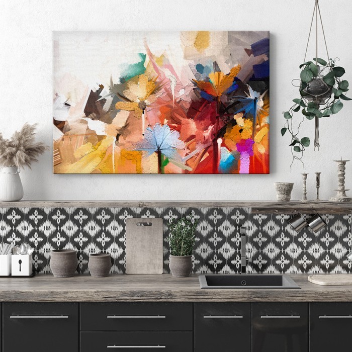 Πίνακας σε καμβά για το σαλόνι με Ζωγραφισμένα πολύχρωμα λουλούδια