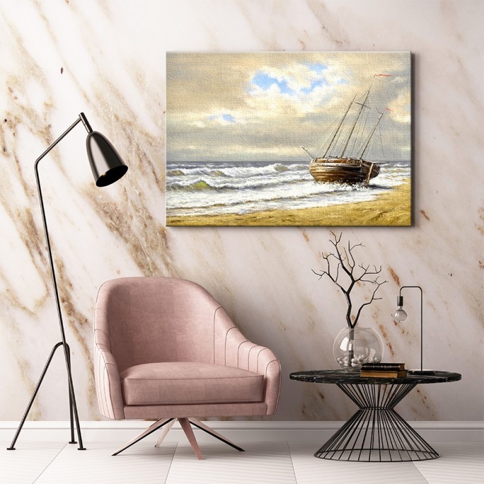 Πίνακας σε καμβά για το σαλόνι με Ιστιοφόρο στην ακτή