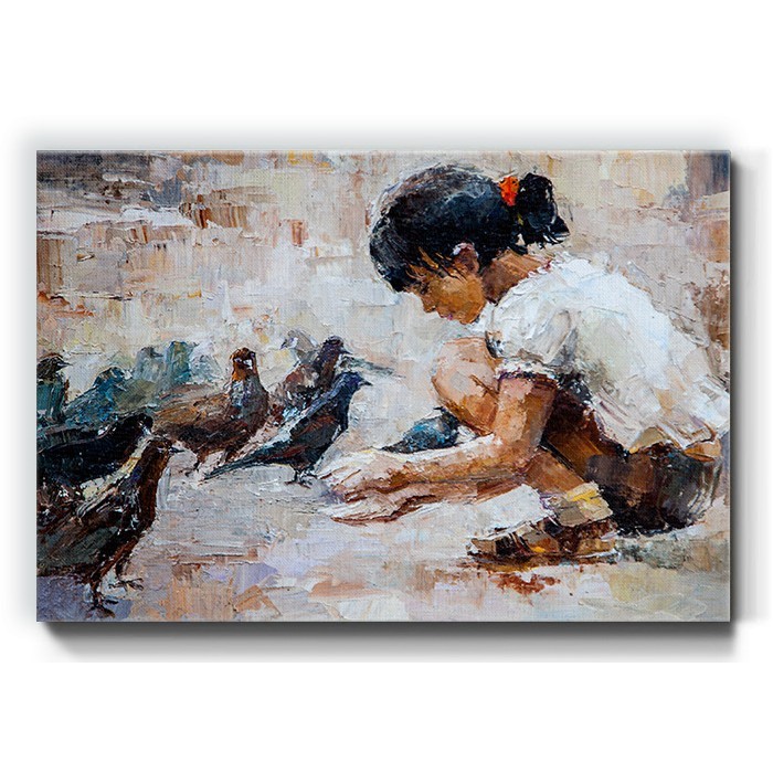 Κοριτσάκι ταΐζει τα περιστέρια σε Πίνακα σε καμβά 
