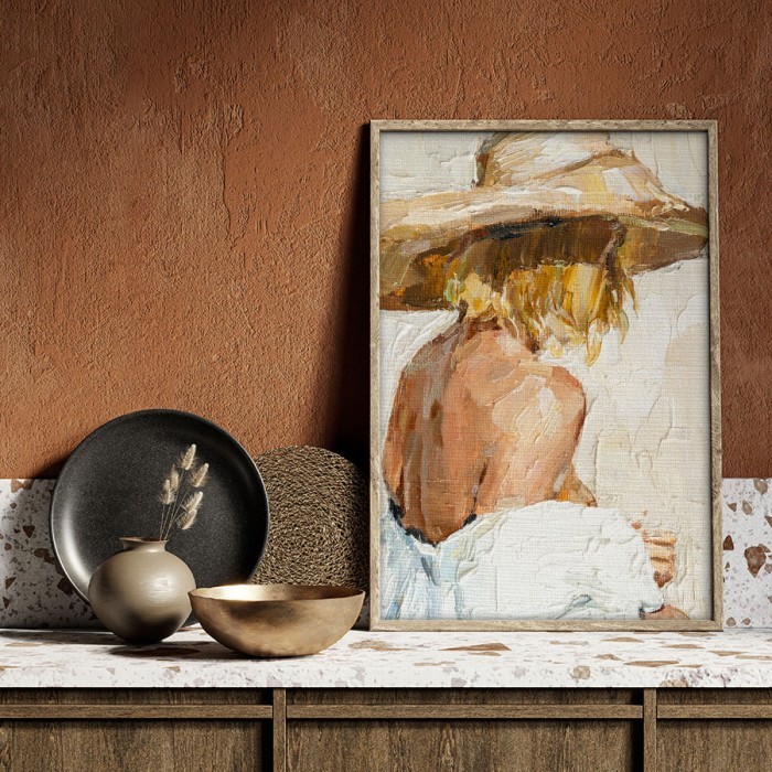Πίνακας σε καμβά με κορνίζα με Γυναίκα με ψάθινο καπέλο