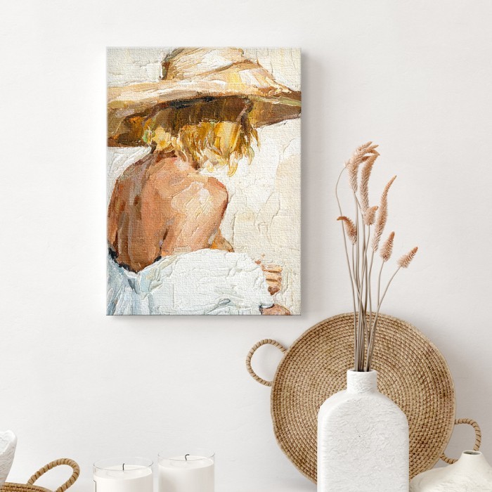 Πίνακας σε καμβά για το σαλόνι με Γυναίκα με ψάθινο καπέλο
