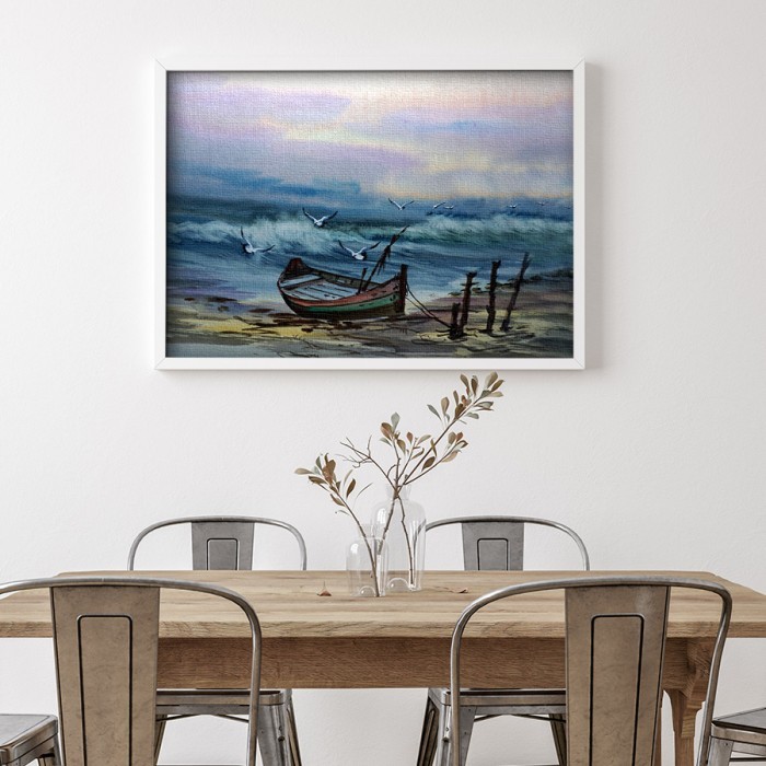 Πίνακας σε καμβά με κορνίζα με Βάρκα στην αμμουδιά