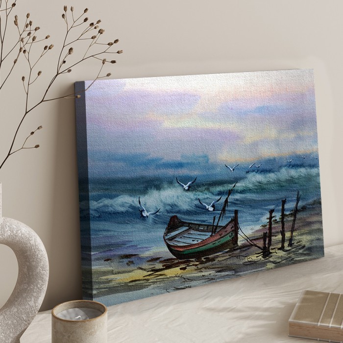 Πίνακας σε καμβά για το σαλόνι με Βάρκα στην αμμουδιά