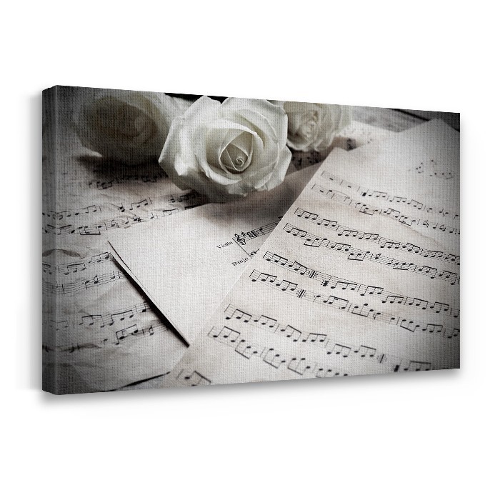 Τριαντάφυλλο και φύλλα μουσικής σε Πίνακα σε καμβά με τελάρο