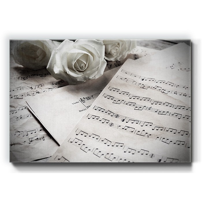 Τριαντάφυλλο και φύλλα μουσικής  σε Πίνακα σε καμβά 
