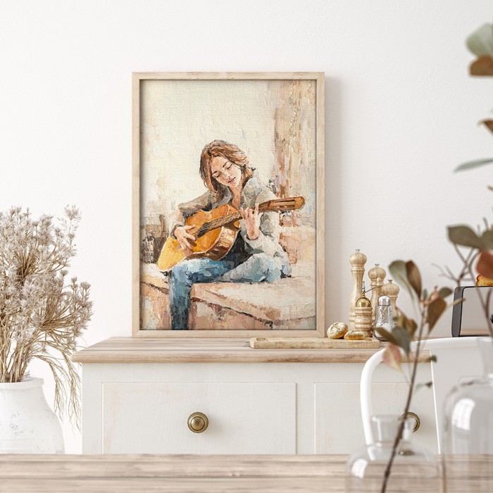 Κορίτσι με κιθάρα σε Πίνακα σε καμβά με κορνίζα 