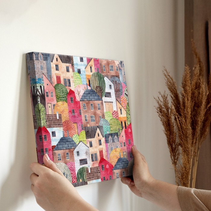 Μοτίβο με σπίτια σε Πίνακα σε καμβά για την διακόσμηση τοίχου