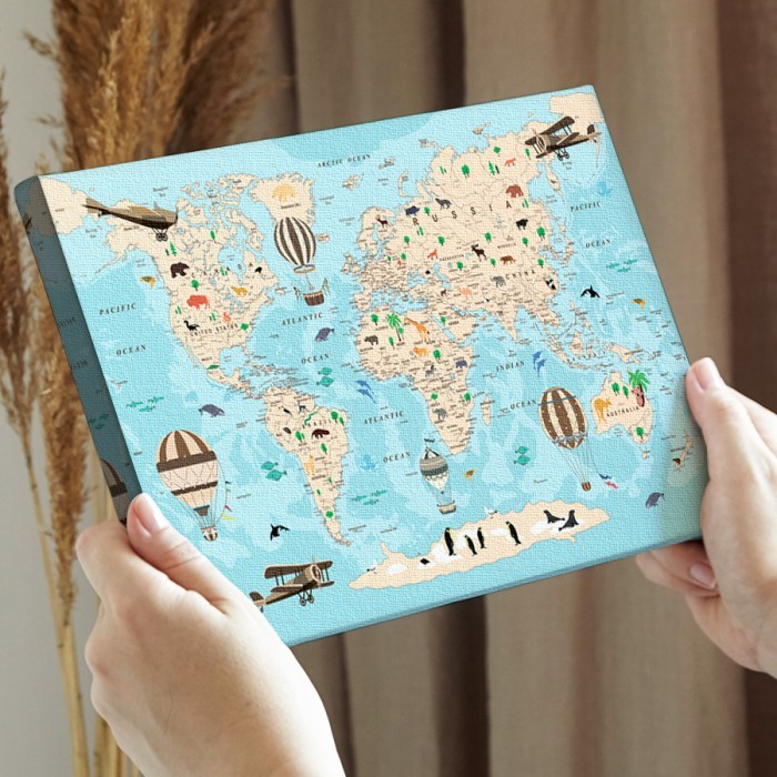 Χαριτωμένος παγκόσμιος χάρτης σε Πίνακα σε καμβά για την διακόσμηση τοίχου