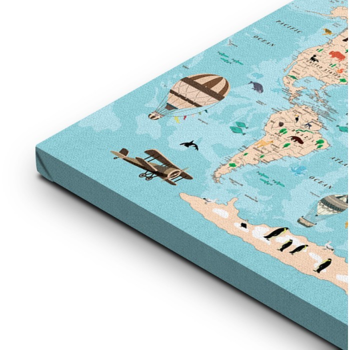 Χαριτωμένος παγκόσμιος χάρτης σε έτοιμους πίνακες με τελάρο και κορνίζα