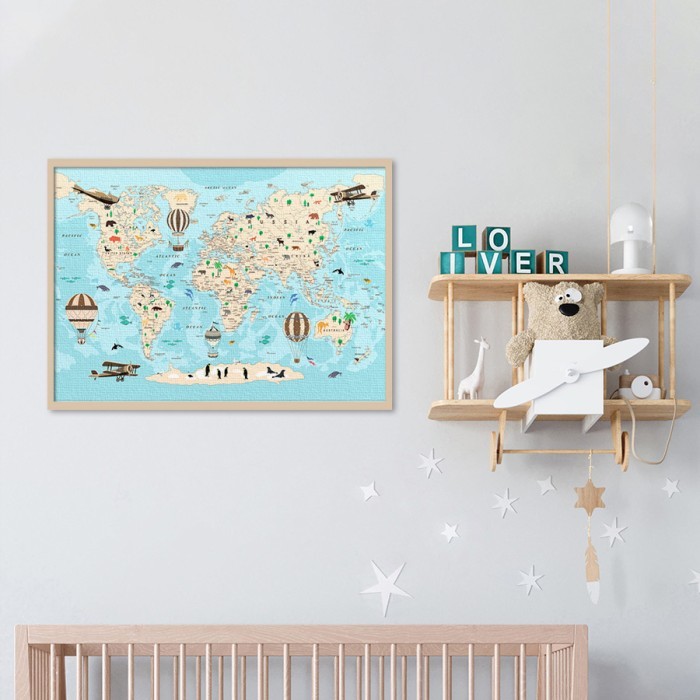Χαριτωμένος παγκόσμιος χάρτης σε Πίνακα σε καμβά με κορνίζα 